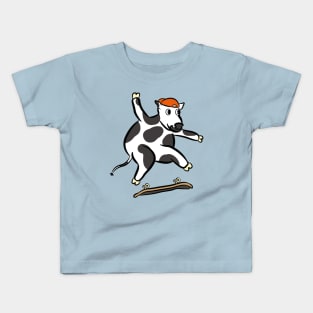 Cartoon cow doing a kickflip skating gnarly Kids T-Shirt